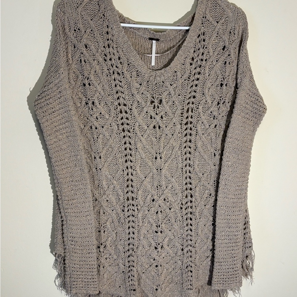 Free People Tan Crew Neck Sweater with Intricate Knit Pattern